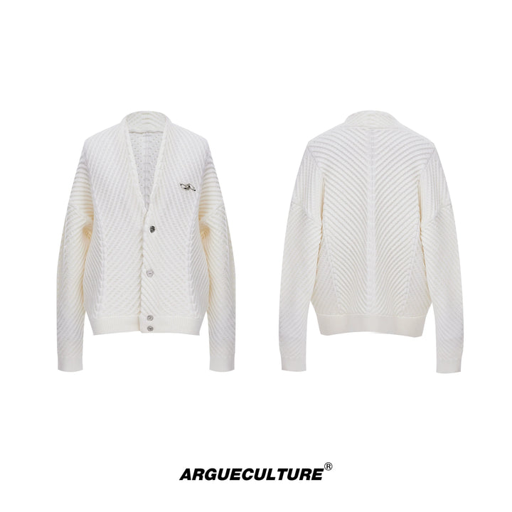 V-Neck Cardigan Sweater with Ribbed Design and Metallic Logo - ArgueCulture