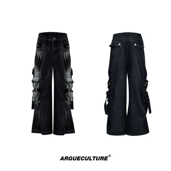 Vintage Wash Pleated Denim Cargo Pants with Multiple Pockets - ArgueCulture