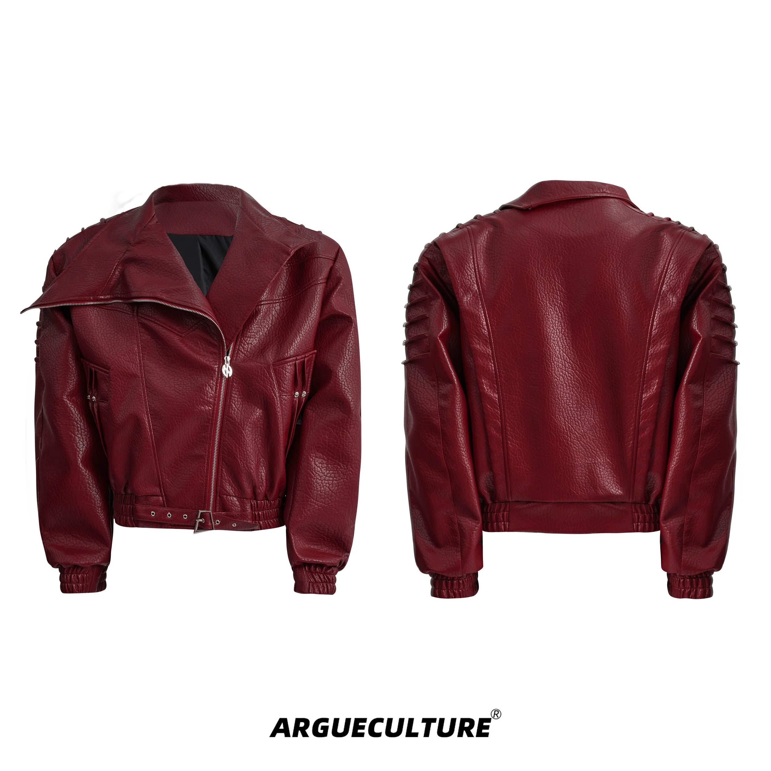 Crinkle PU Leather Jacket with Metal Studs and Adjustable Hem - ArgueCulture