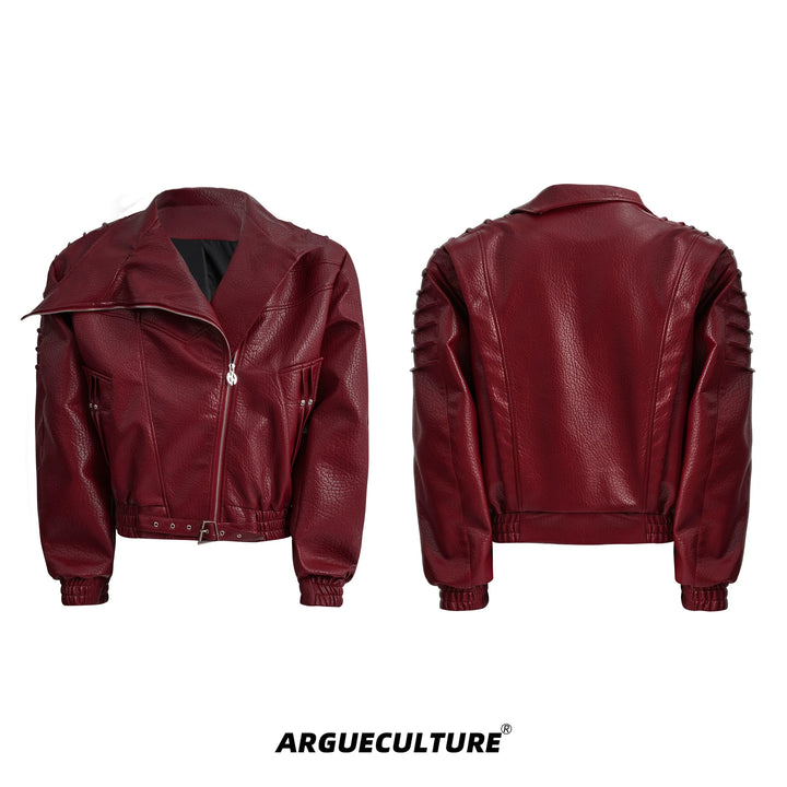 Crinkle PU Leather Jacket with Metal Studs and Adjustable Hem - ArgueCulture