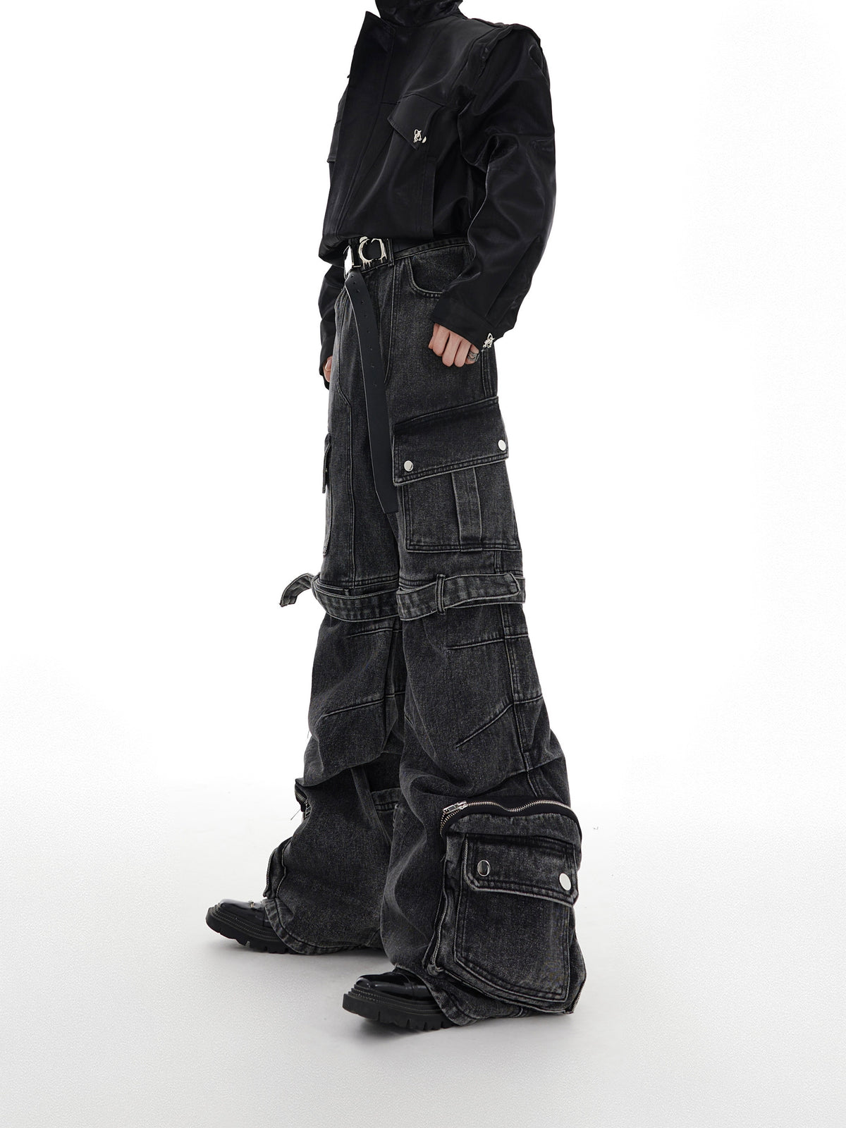 Black Gray Multi-Pocket Utility Jeans - product image 1