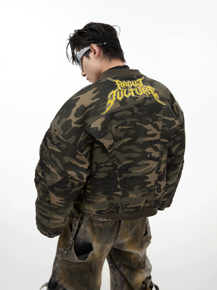 Camo Baseball Jacket with Graffiti and Oversized Pockets - ArgueCulture