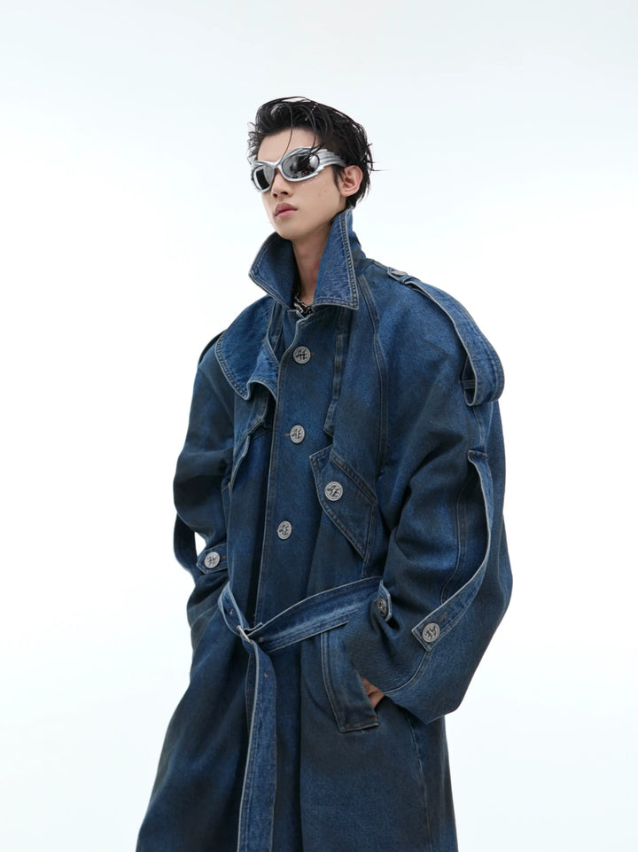 Deconstructed Oversized Denim Trench Coat ¨C Vintage Washed Outerwear - ArgueCulture