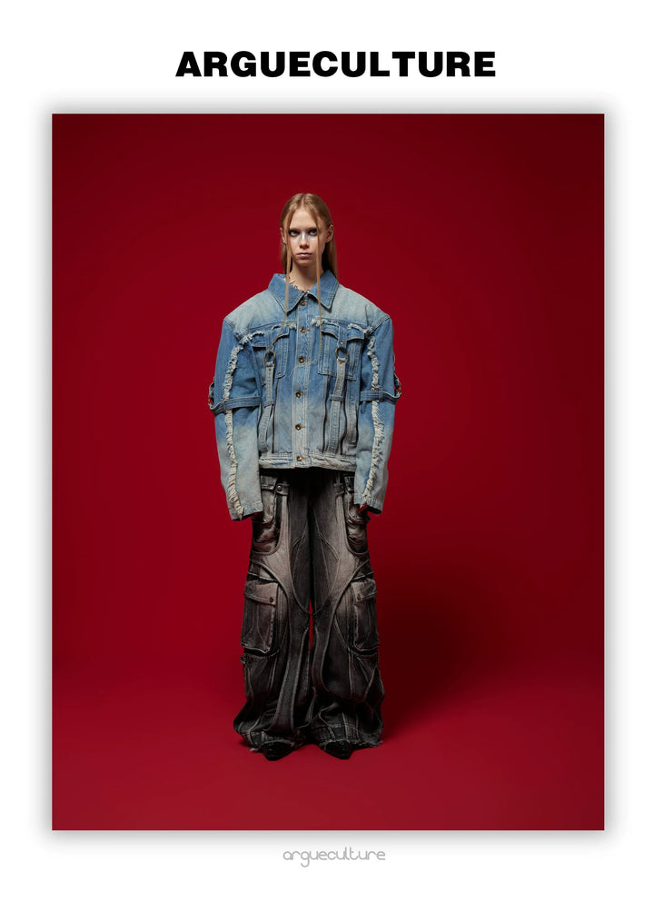 Vintage Distressed Denim Jacket with Fringe and Gradient Wash - ArgueCulture