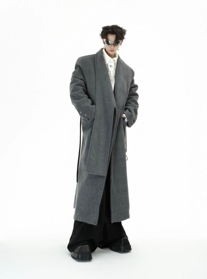 Metal Strap Wool Long Coat with Oversized Scarf Lapel - ArgueCulture