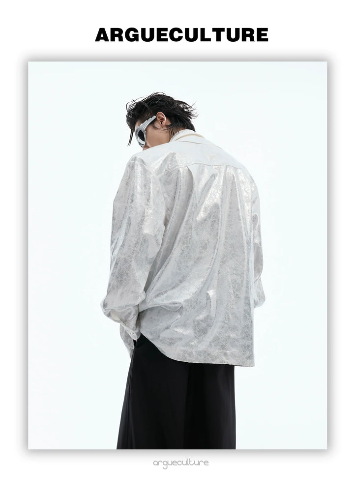 Liquid Metallic Shirt Coat | Padded Shoulders | Faux Two-Piece Design Coat - ArgueCulture