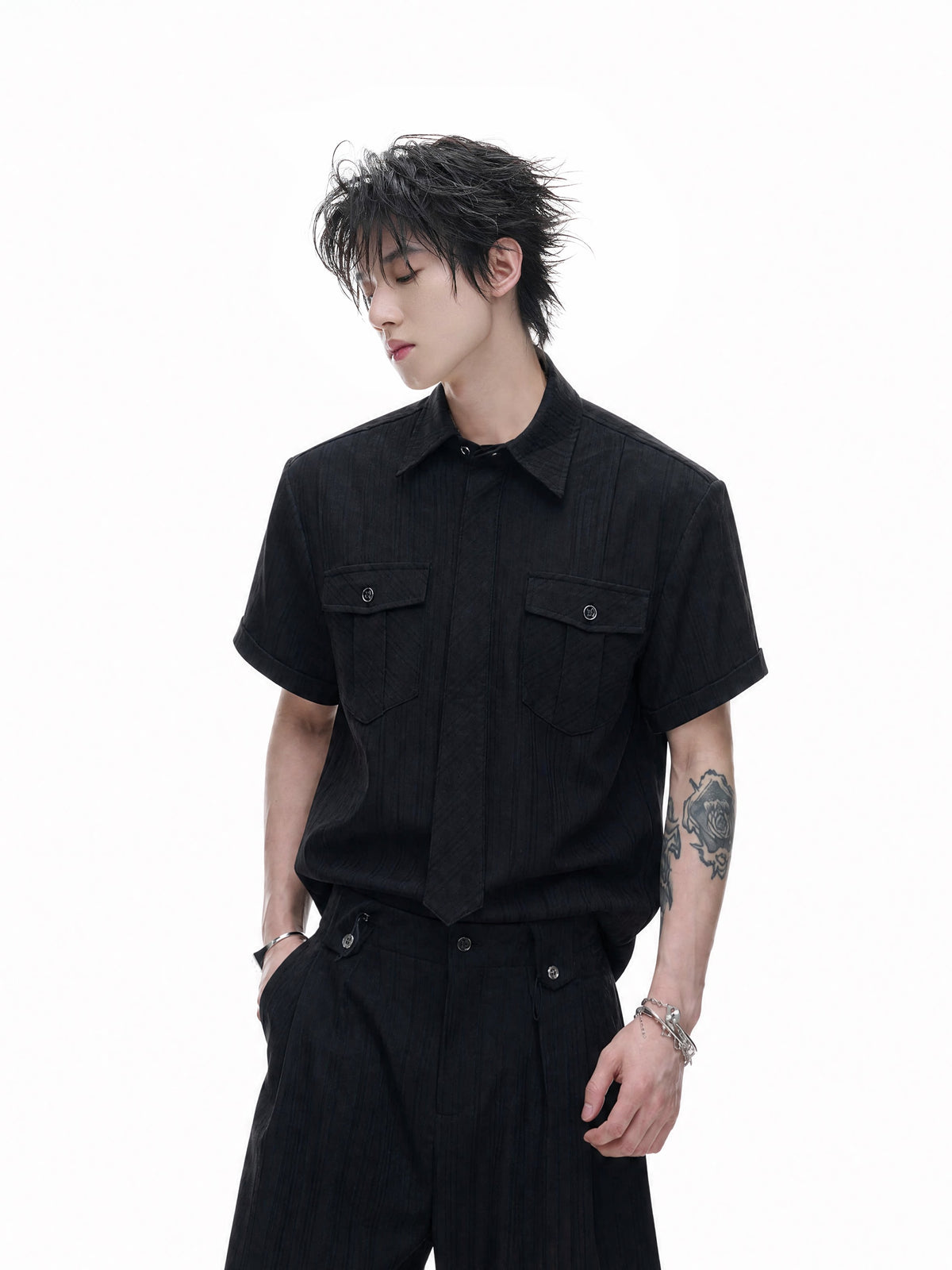 Textured Tie Shirt & Wide-Leg Pants - product image 3
