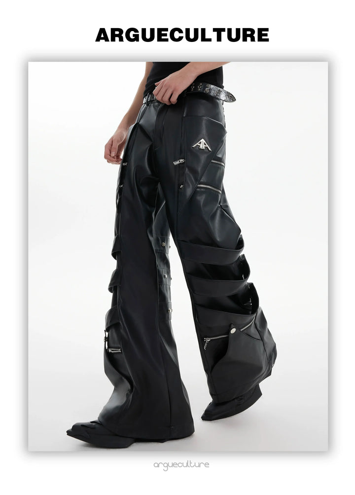 Punk Faux Leather Cargo Pants with Multi-Layer Straps - ArgueCulture