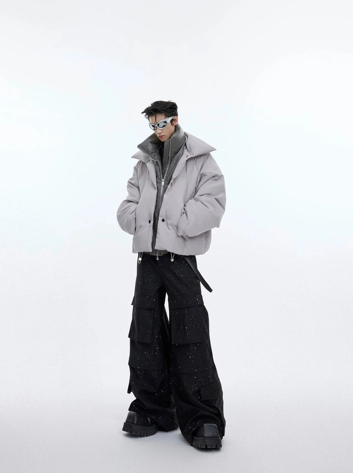 Futuristic Double-Layered Puffer Jacket | Metallic Button Deconstructed Coat - ArgueCulture