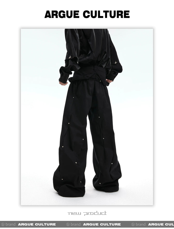 Trendy Deconstructed Pleated Cargo Pants with Silver Accents - ArgueCulture