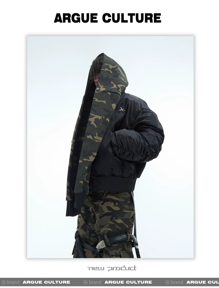 Camouflage Hooded Bomber Jacket with Quilted Sleeves - Winter Warmth - ArgueCulture