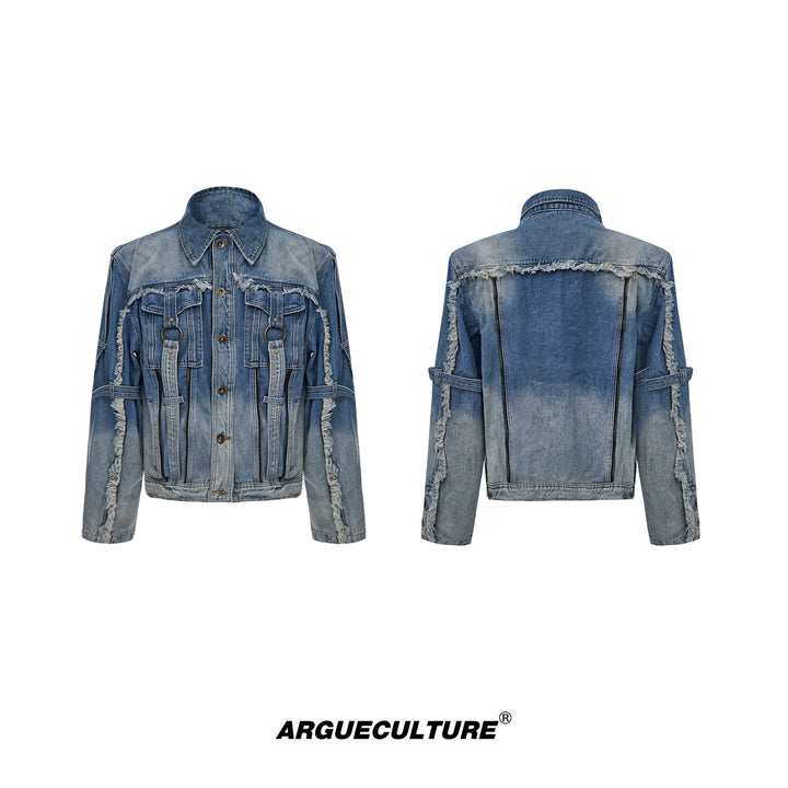 Vintage Distressed Denim Jacket with Fringe and Gradient Wash - ArgueCulture