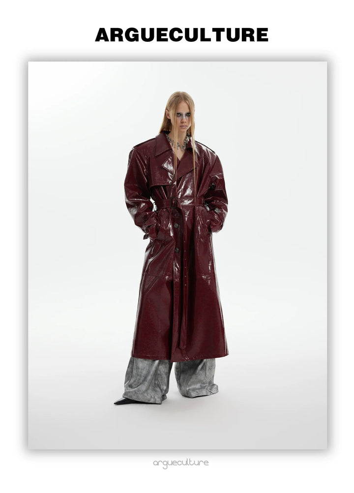 Futuristic Liquid-Look Faux Leather Trench Coat with Shoulder Pads - ArgueCulture