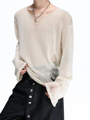 Frayed Open-Knit V-Neck Sweater - product image 3