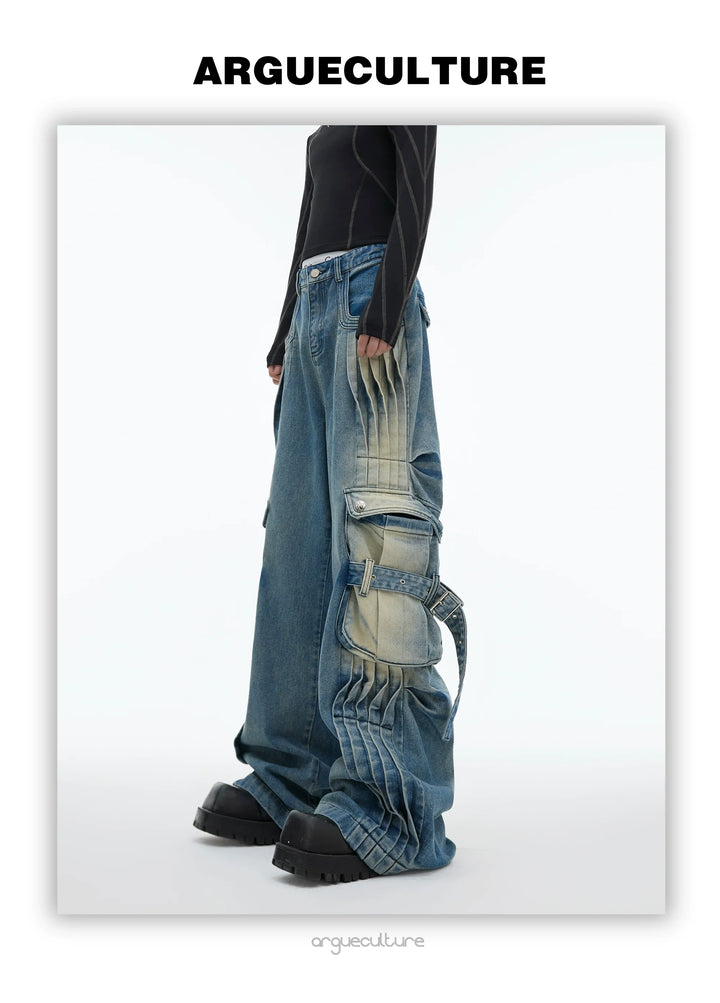 Vintage Wash Pleated Denim Cargo Pants with Multiple Pockets - ArgueCulture