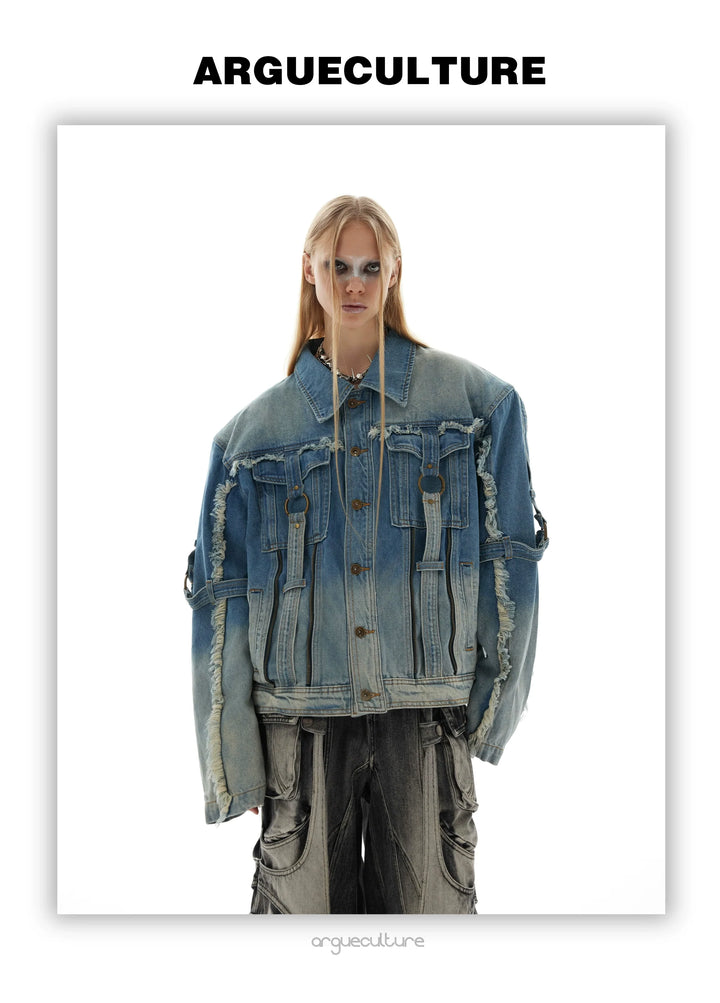 Vintage Distressed Denim Jacket with Fringe and Gradient Wash - ArgueCulture