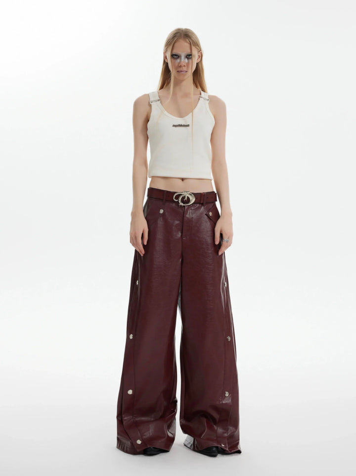 Vintage Faux Leather Cargo Pants with Irregular Design and Button Detail - ArgueCulture