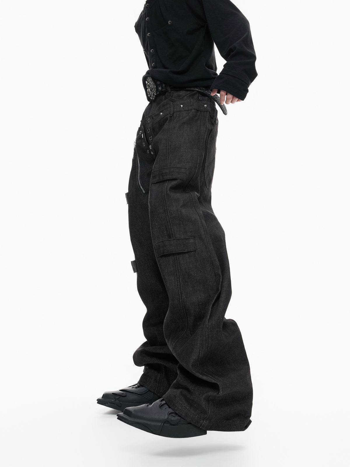 Black Raw Denim Double-Waist Jeans - product image 4