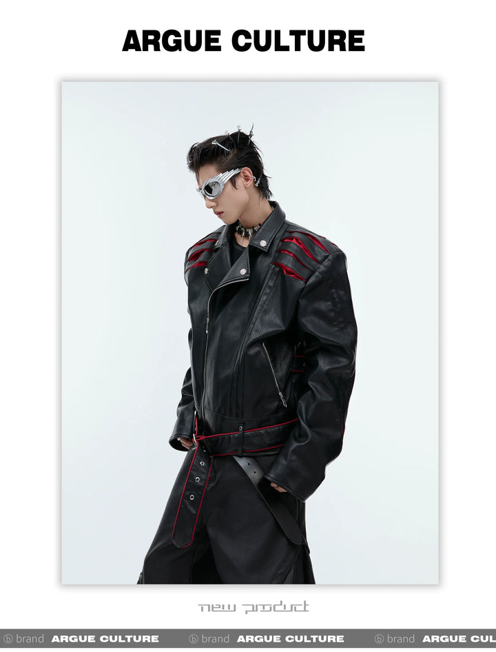 Folding Spine Pleat Short Leather Biker Jacket - ArgueCulture