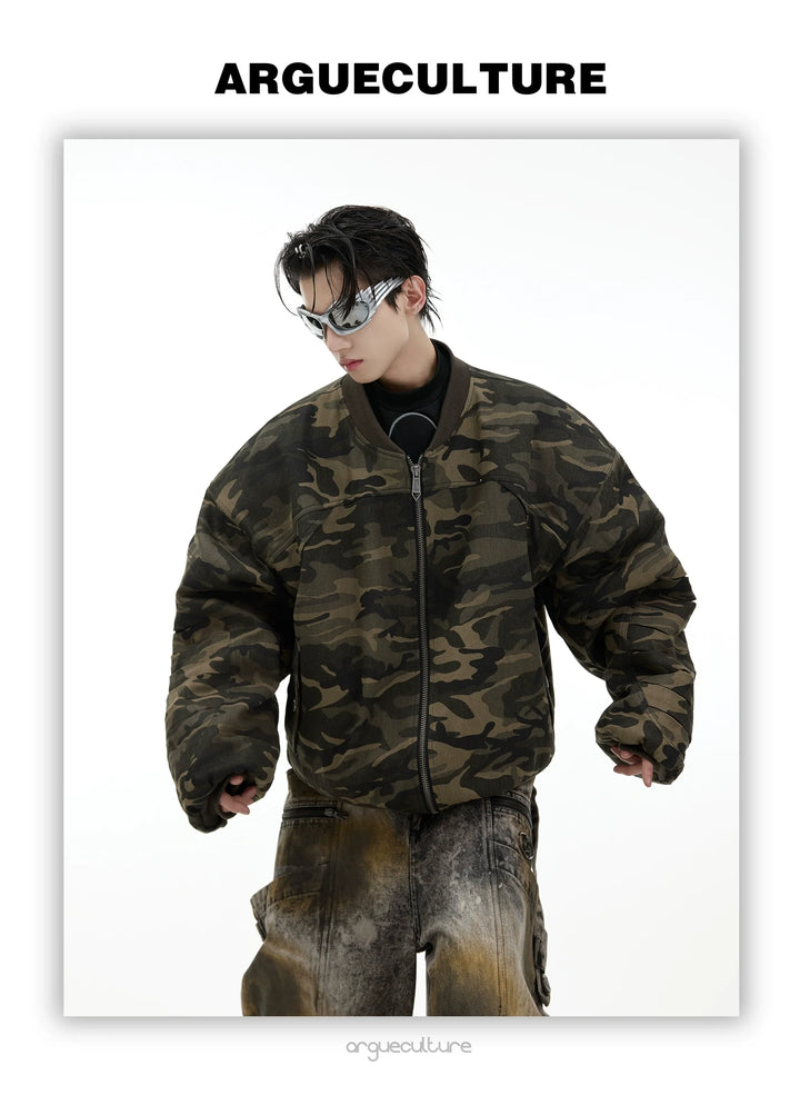 Camo Baseball Jacket with Graffiti and Oversized Pockets - ArgueCulture