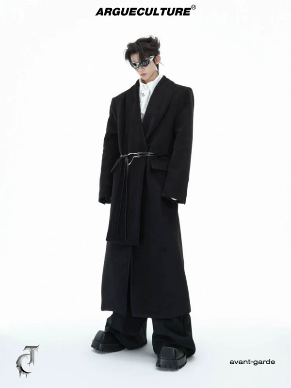 Metal Strap Wool Long Coat with Oversized Scarf Lapel - ArgueCulture