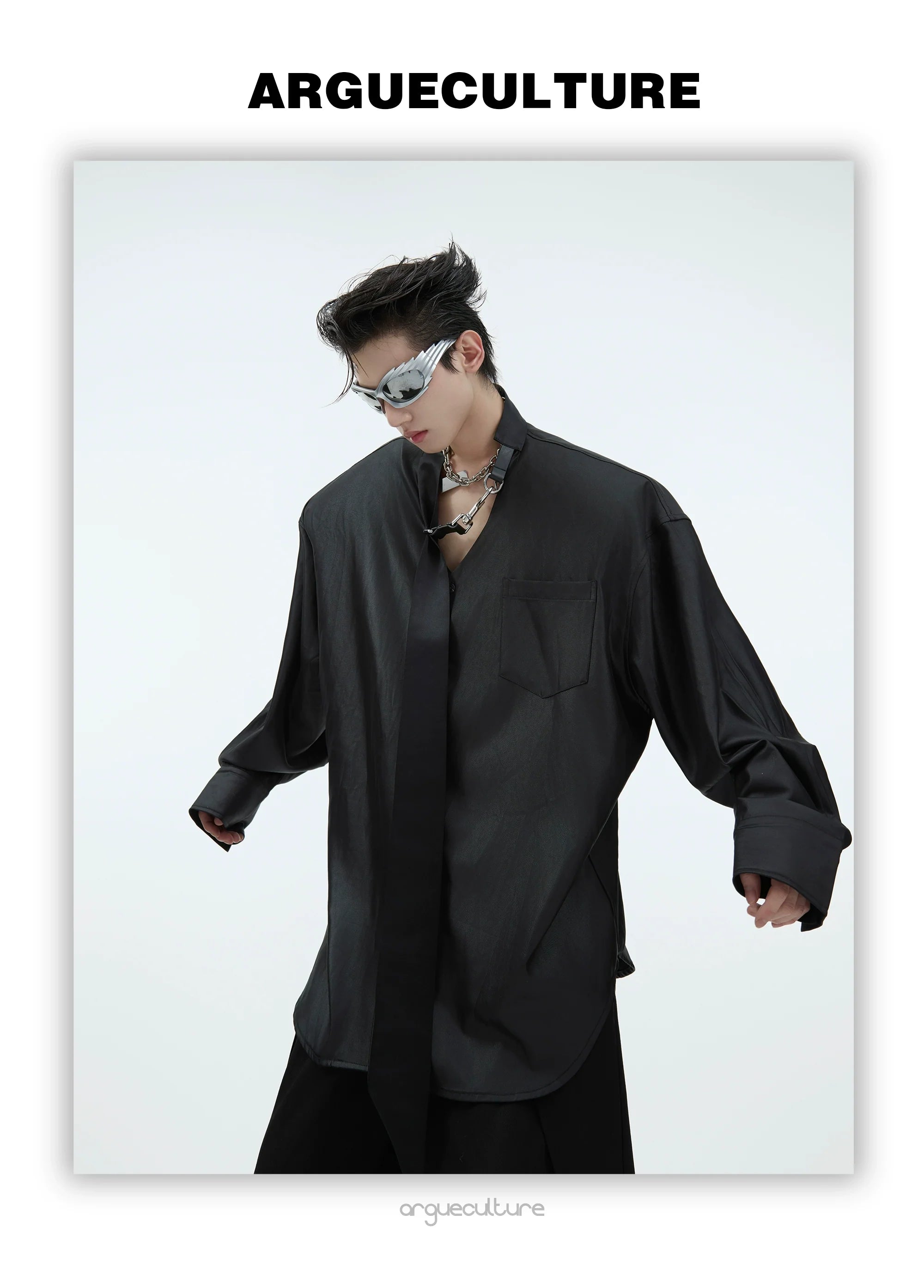 Lustrous Tie-Detailed Shirt ¡§C Modern Elegance with Metallic Accents - ArgueCulture