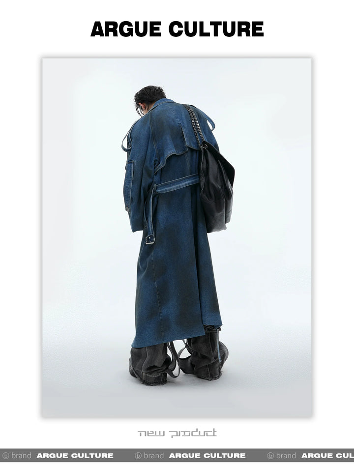 Deconstructed Oversized Denim Trench Coat ¨C Vintage Washed Outerwear - ArgueCulture