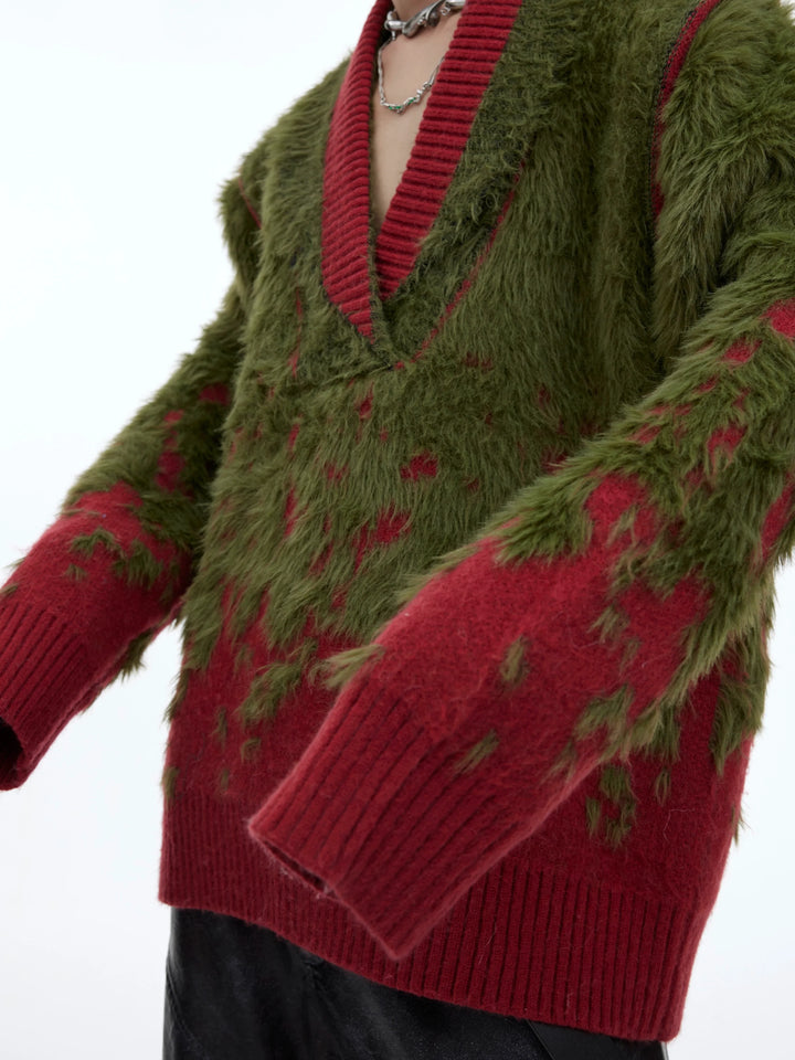 Gradient V-Neck Faux Fur Sweater for Christmas Aesthetic - ArgueCulture