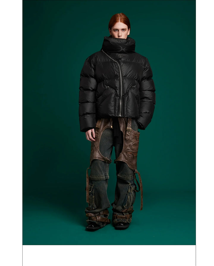 High-Neck Puffer Jacket with Asymmetrical Zipper and Oversized Fit - ArgueCulture