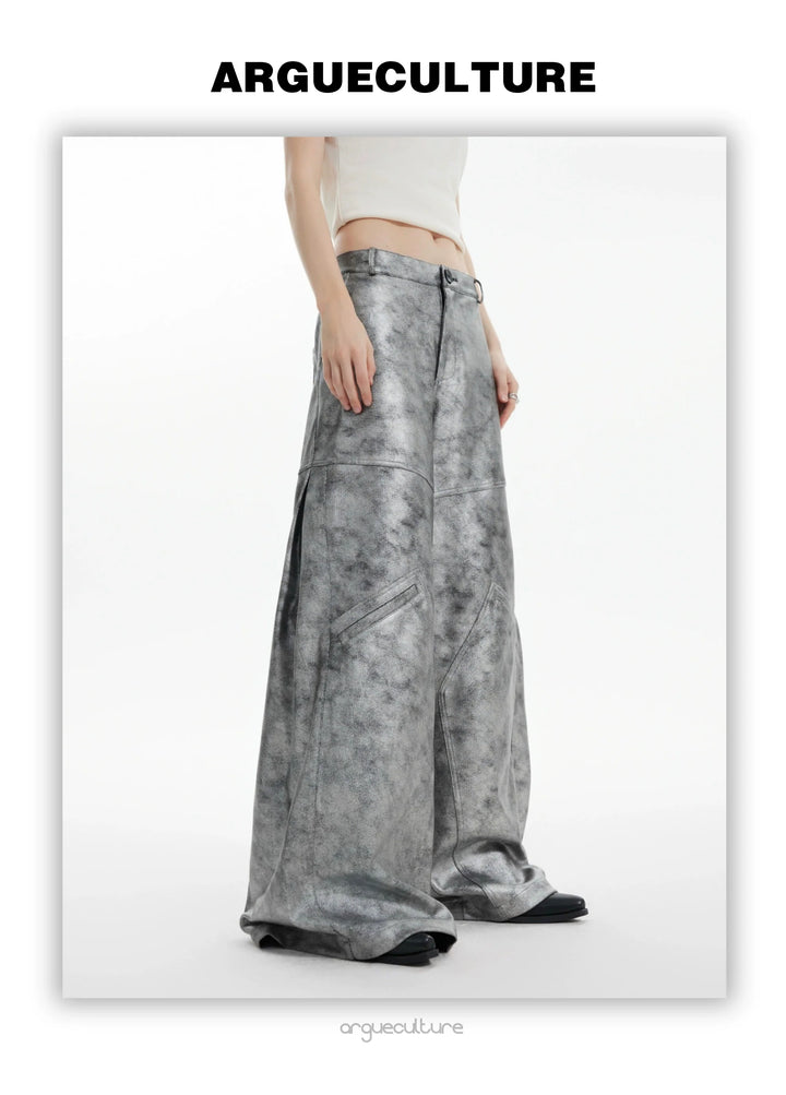 Avant-Garde Silver Wide-Leg Pants with Segmented Lines and Distressed Texture - ArgueCulture