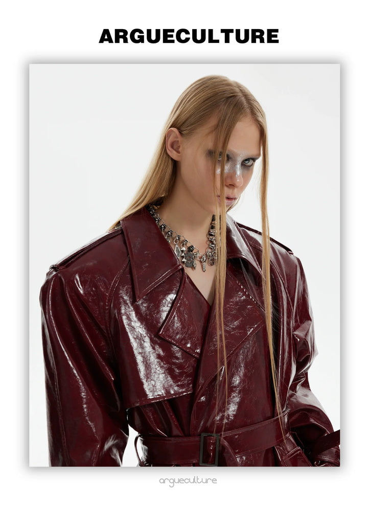 Futuristic Liquid-Look Faux Leather Trench Coat with Shoulder Pads - ArgueCulture