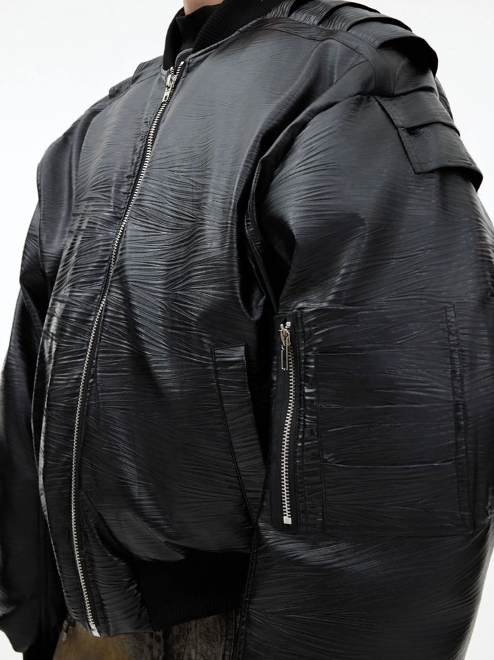 Layered Faux Leather Bomber Jacket with Metallic Accents - ArgueCulture