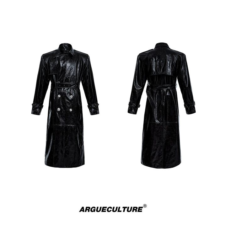 Futuristic Liquid-Look Faux Leather Trench Coat with Shoulder Pads - ArgueCulture