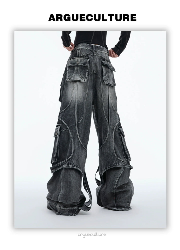 Vintage Washed Wide-Leg Denim Cargo Pants with Strap Details - ArgueCulture