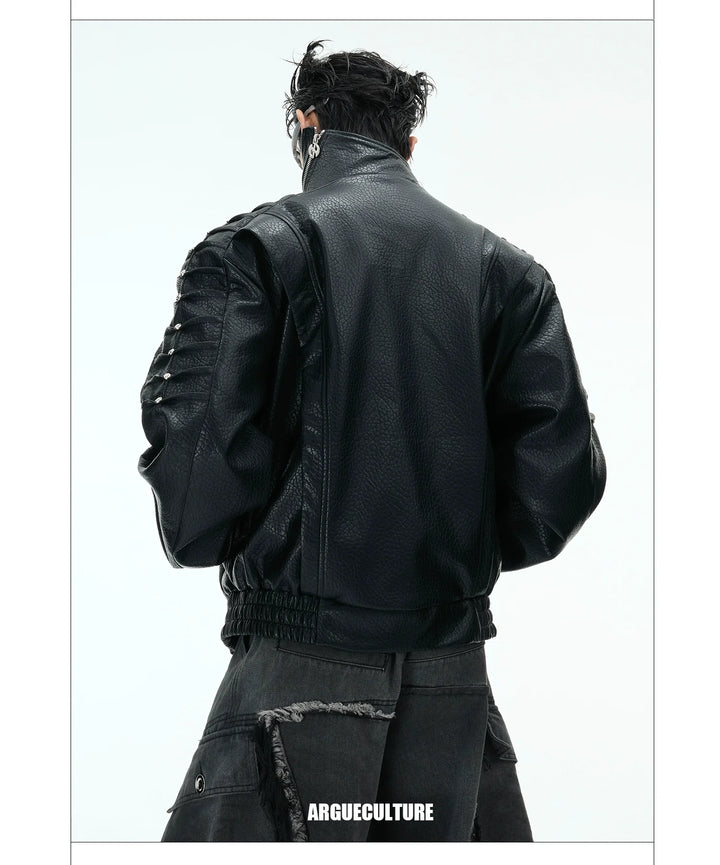 Crinkle PU Leather Jacket with Metal Studs and Adjustable Hem - ArgueCulture