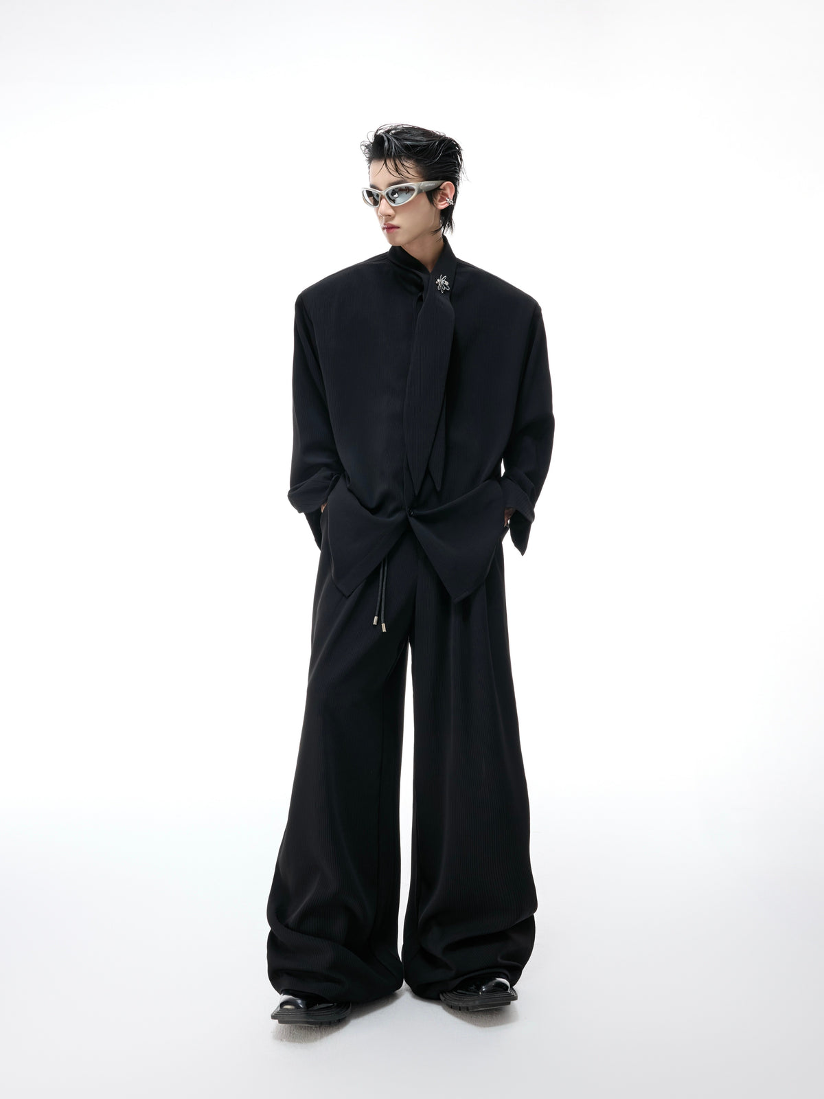 Ribbon-Collar Shirt and Wide-Leg Pants Set - product image 2