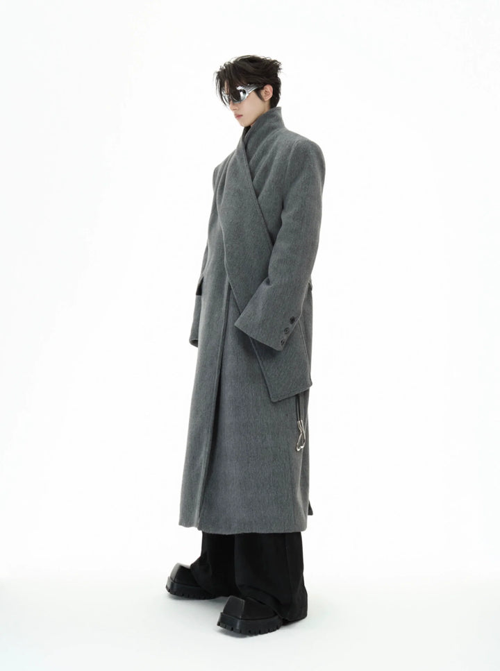 Metal Strap Wool Long Coat with Oversized Scarf Lapel - ArgueCulture