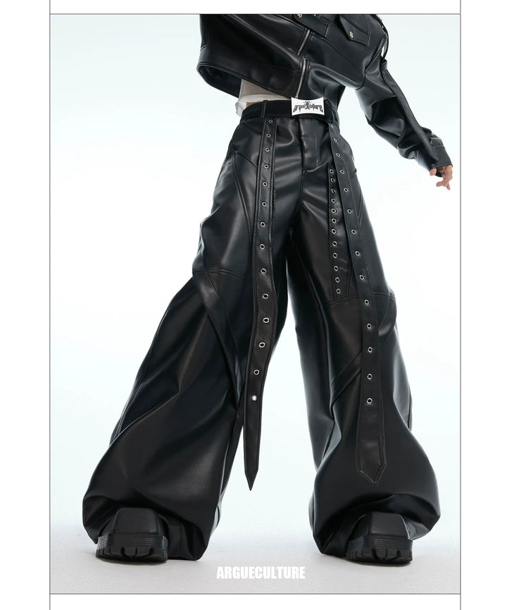 Deconstructed Punk Rivet PU Leather Wide-Leg Pants - ArgueCulture