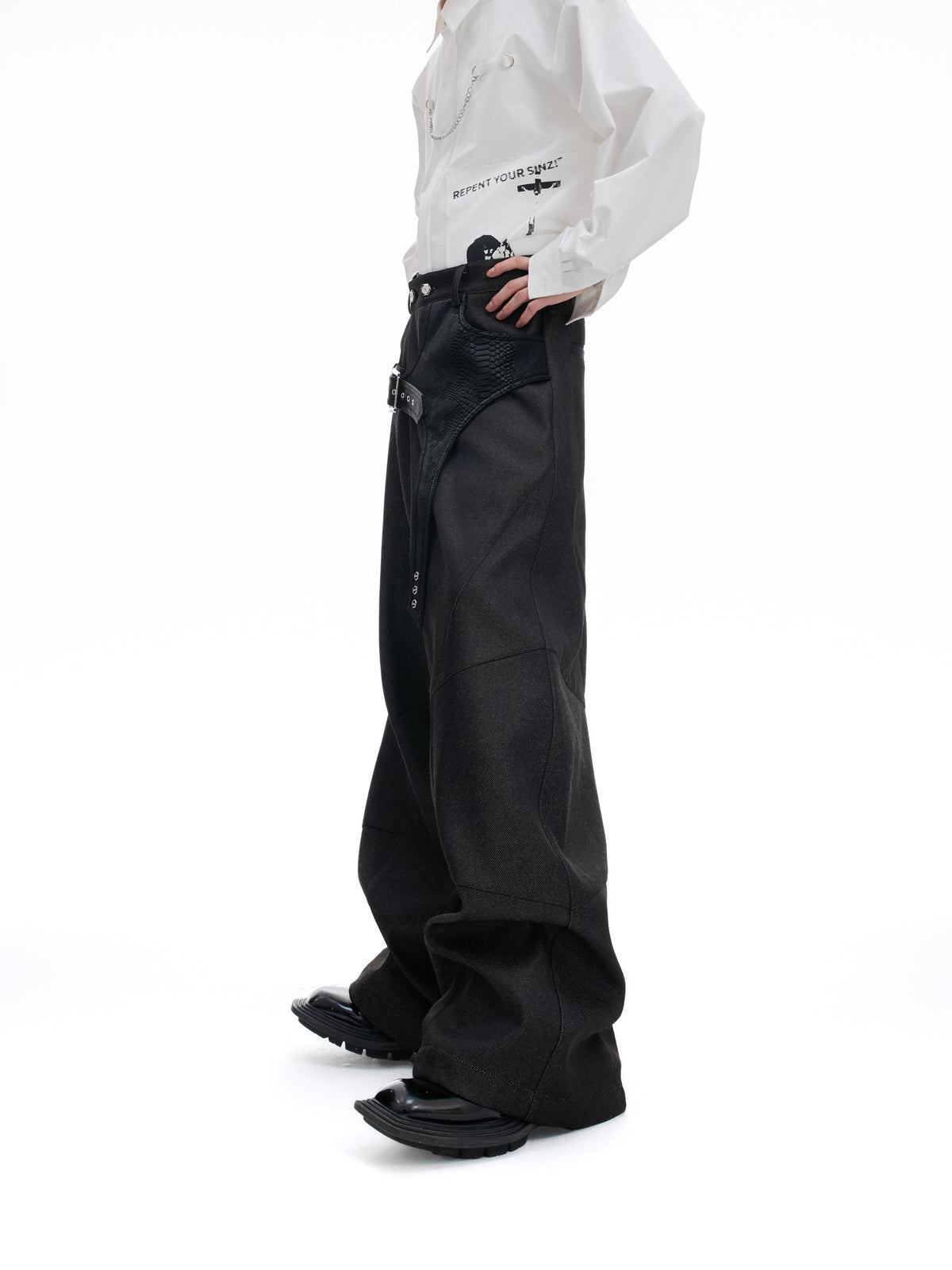 Cotton Crocodile-Panel Straight-Leg Pants - product image 1