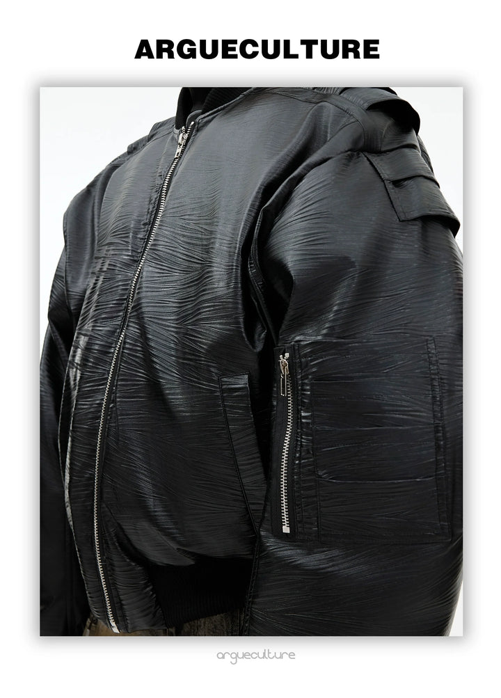 Layered Faux Leather Bomber Jacket with Metallic Accents - ArgueCulture