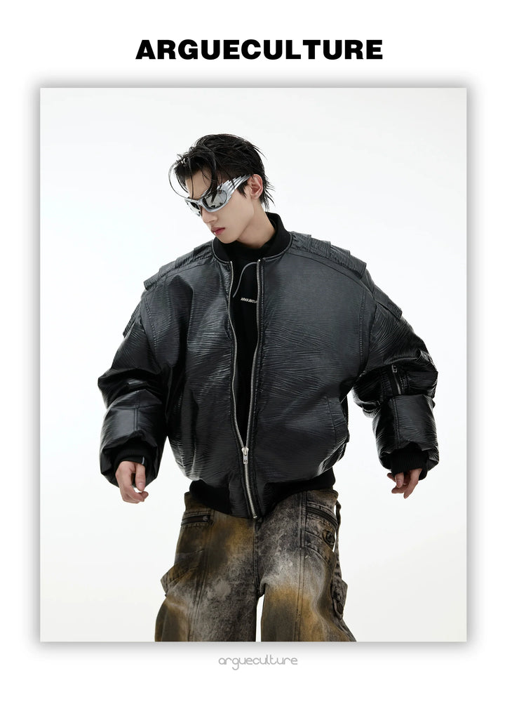 Layered Faux Leather Bomber Jacket with Metallic Accents - ArgueCulture