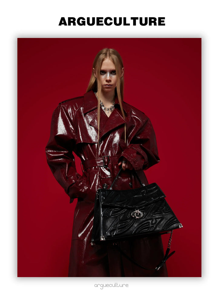 Futuristic Liquid-Look Faux Leather Trench Coat with Shoulder Pads - ArgueCulture