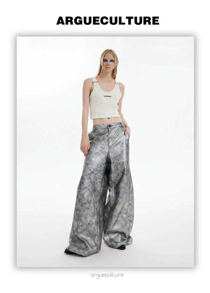 Avant-Garde Silver Wide-Leg Pants with Segmented Lines and Distressed Texture - ArgueCulture