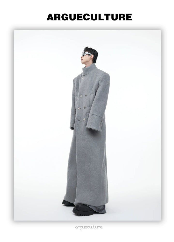 Wool Stand Collar Over Coat with Metal Buckle Accents and Four Pockets - ArgueCulture