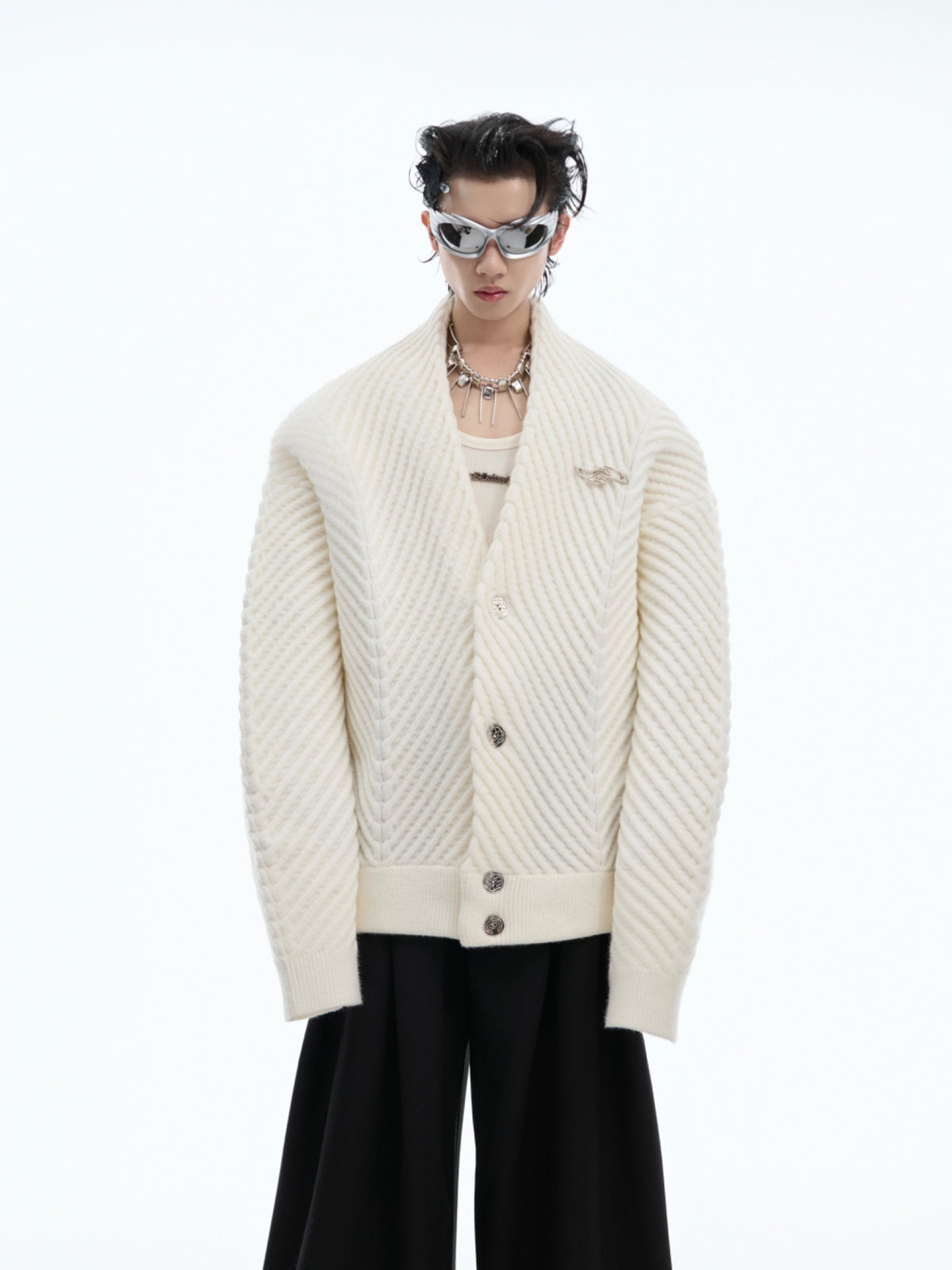 Ribbed V-Neck Relaxed Cardigan Sweater - product image 1