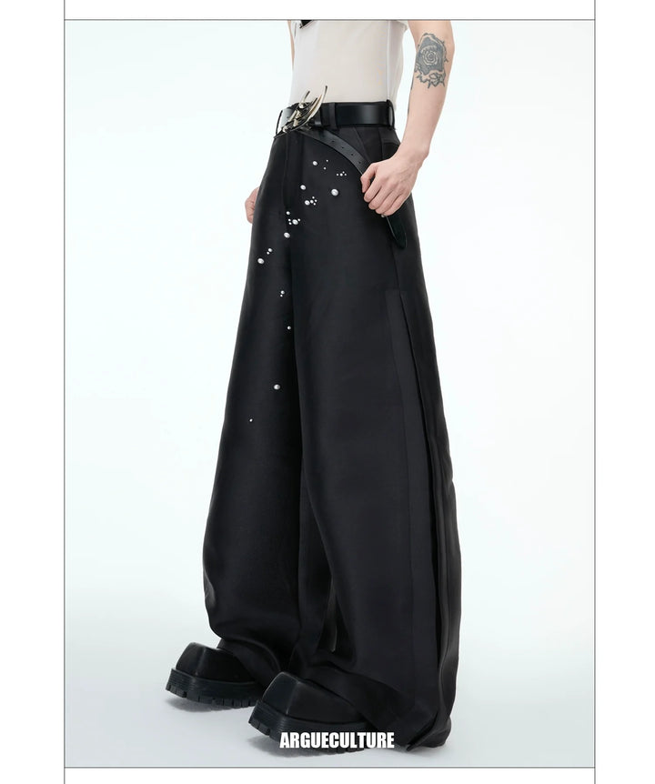 Matte Wide-Leg Pants with Pearl Accents Elegant Design - ArgueCulture