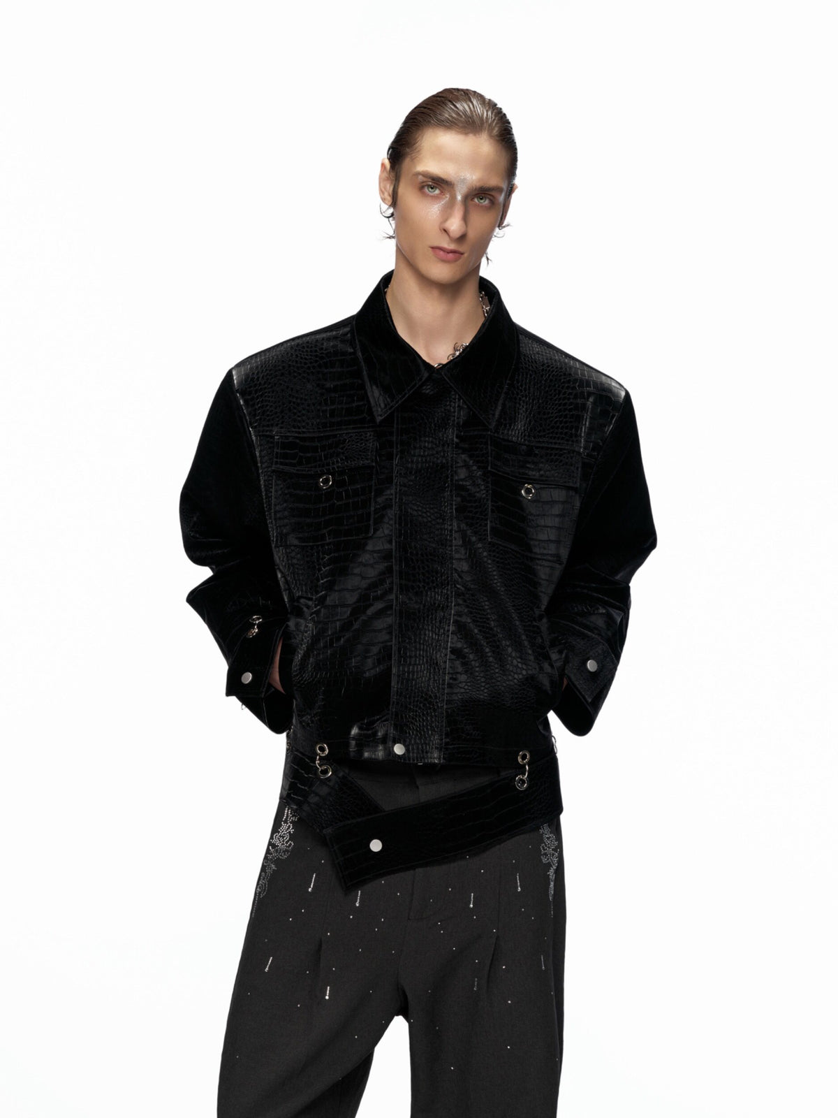 Crocodile-Texture Cropped PU Jacket - product image 1