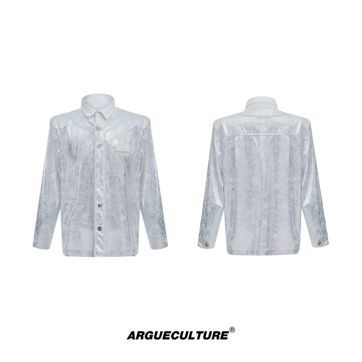 Liquid Metallic Shirt Coat | Padded Shoulders | Faux Two-Piece Design Coat - ArgueCulture