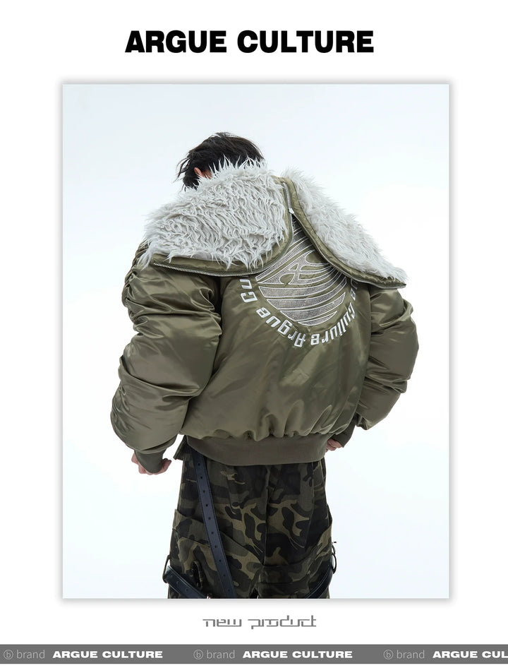 Faux Fur Bomber Jacket with Embroidered Logo - Zippered Hood for Men - ArgueCulture