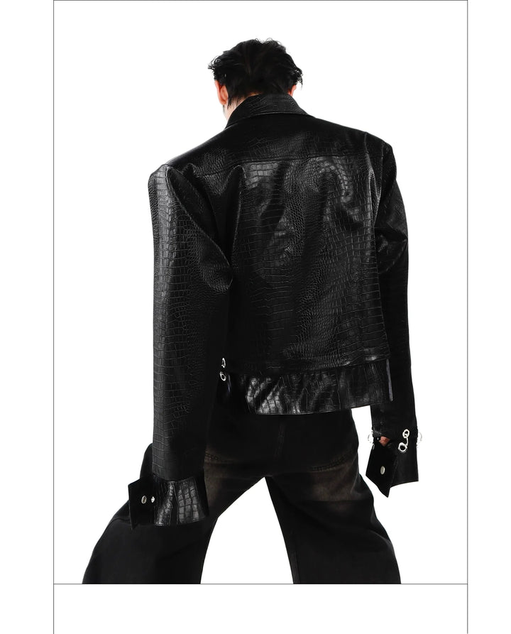 Crocodile PU Leather Jacket with Shoulder Pads and Split Hem Design - ArgueCulture